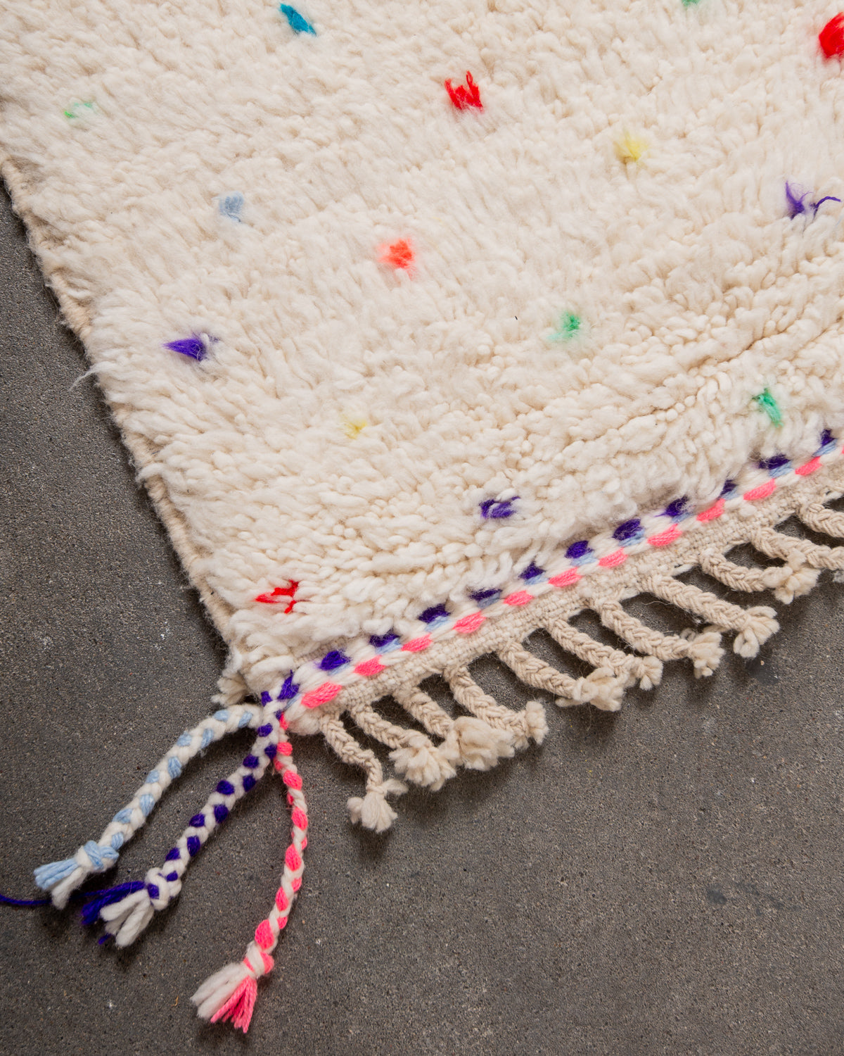 Modern, designer, handcrafted Berber rug from Morocco. Beniourain carpet with beautiful colours and patterns and fluffy wool texture.